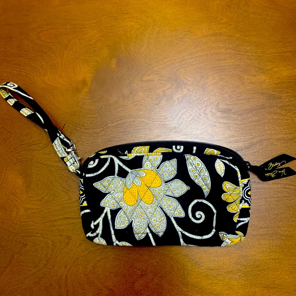 Quilted Black Vera Bradley Wristlet with White/Yellow Floral and Bird Pattern